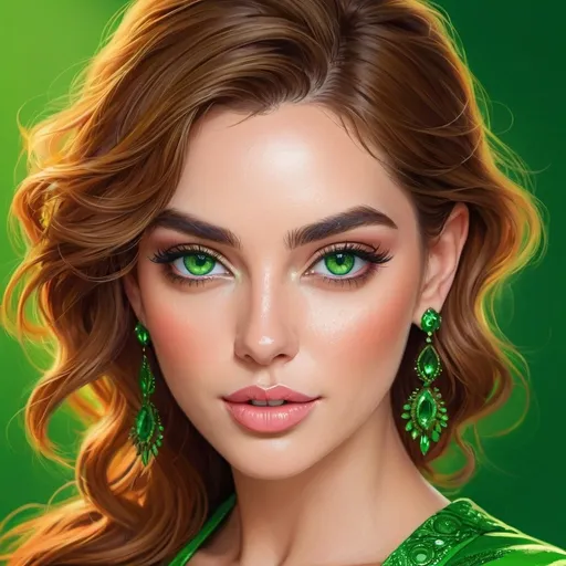 Prompt: <mymodel>Detailed illustration of a woman in vibrant green attire, large vivid green eyes, elegant makeup, digital painting, high resolution, realistic style, vibrant green, professional lighting