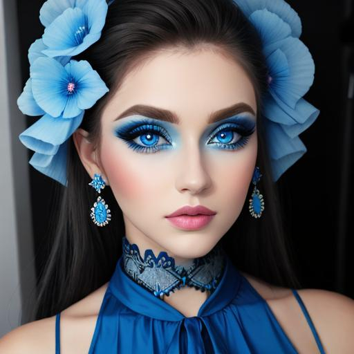 Prompt: A woman all in blue, blue eyes, pretty makeup