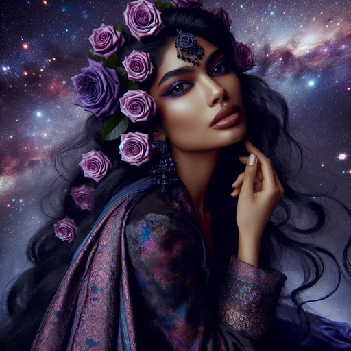 Prompt: Cosmic Epic Beauty, Beautiful and Gorgeous, purple roses in hair