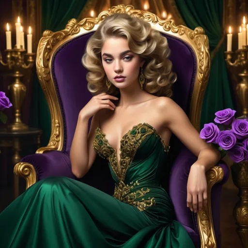 Prompt: Radiating elegance, a striking figure sits regally in an ornate, gold-accented chair, showcasing a stunning deep green gown adorned with purple roses that cascade down the front. Her lustrous, voluminous curls frame a flawless face enhancing her captivating presence. The background features a regal, dark green hue contrasted by soft candlelight, which casts a warm glow against the intricate details of the scene, including elegant candelabras and clusters of roses. This composition underscores a mood of luxurious mystique, combining classic beauty and modern glamour, as the interplay of colors and textures creates a visually arresting tableau that invites intrigue and admiration.