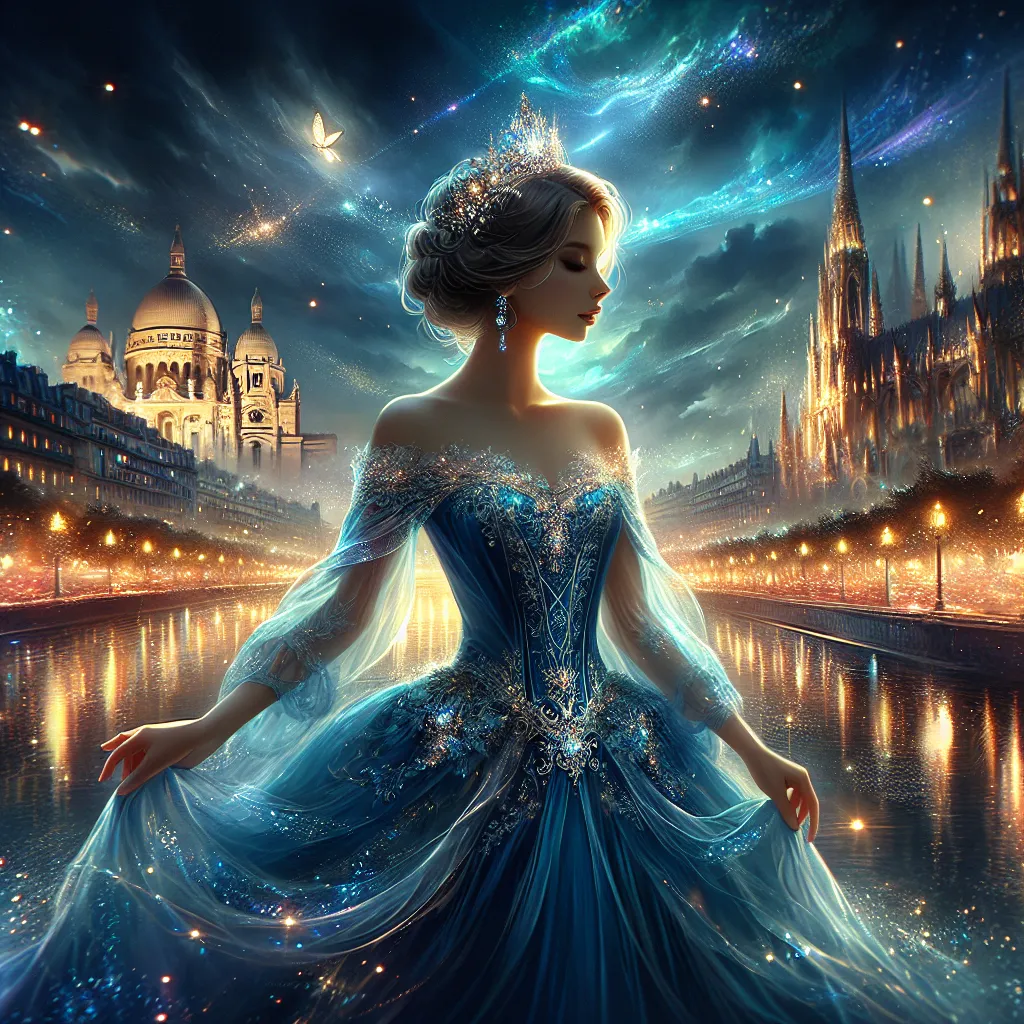 Prompt: a woman with a blue dress and a tiara on her head and a city in the background with lights, Edwin Georgi, fantasy art, highly detailed digital painting, a detailed painting