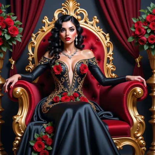 Prompt: Elegant and striking, the scene features a breathtaking woman seated regally in an ornate golden throne, surrounded by deep red velvet drapes and lush roses that add a romantic touch. Dressed in a stunning black gown adorned with intricate gold patterns and vibrant red roses, her off-the-shoulder style accentuates her graceful figure while adding an air of sophistication. Her long, dark hair cascades in soft waves, and her makeup is bold, featuring dark red lips and dramatic eye makeup, enhancing her commanding presence. The warm lighting bathes the entire scene, creating a luxurious and dramatic atmosphere that speaks to opulence and allure, inviting the viewer into a world of beauty and power.