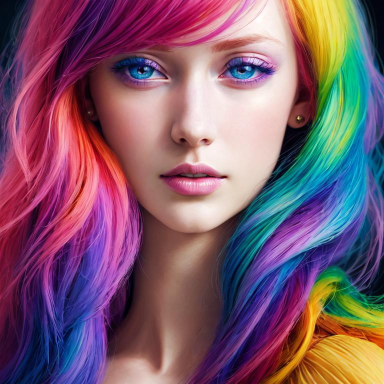 Prompt: HDR, UHD, 64k, best quality, pale skin, unrealistically, multicolored hair,  UHD, hd , 64k, , hyper realism, Very detailed, full body, hyper realism, Very detailed, female anime, slender body, in hyperrealistic detail, rainbow hair, facial closeup