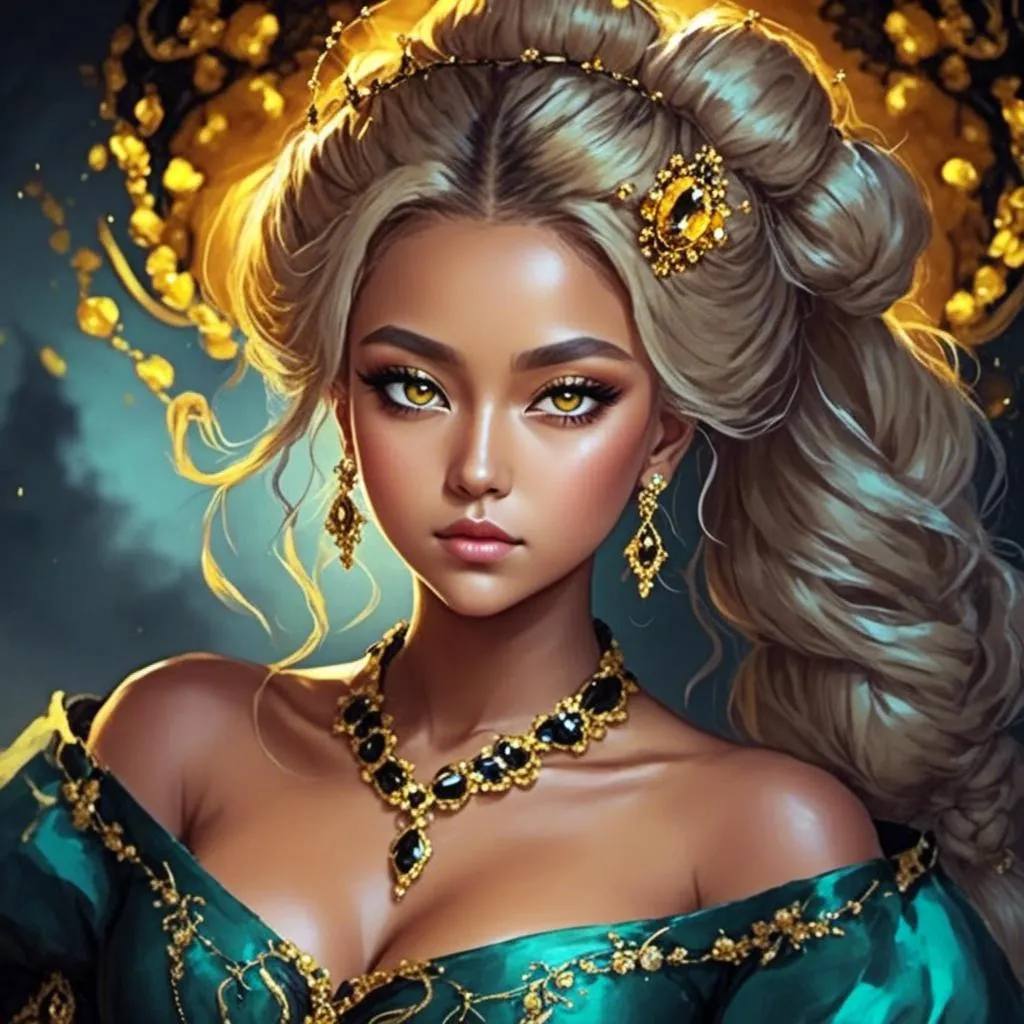 Prompt: <mymodel>Queen bee-A beautiful woman with golden hair arrainged in a top knot behind a gold tiara. Amber colored eyes, gown in colors of yellow and black, facial closeup