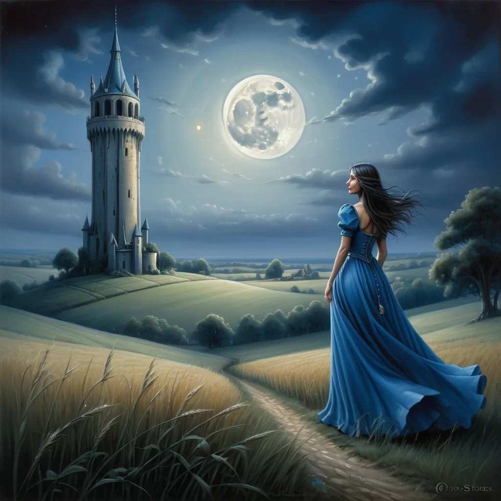 Prompt: a painting of a woman in a blue dress standing in a field with a tower in the background and a full moon in the sky, Anne Stokes, fantasy art, fantasy artwork, a storybook illustration