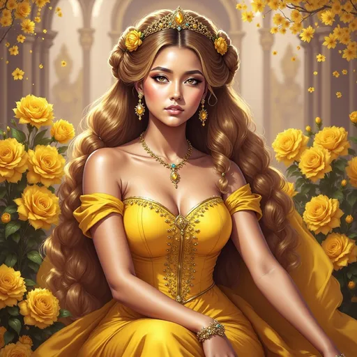 Prompt: a beautiful woman in a yellow dress surrounded by yellow flowers illustration by alex vasquel, via art com, Anne Stokes, fantasy art, highly detailed digital painting, a digital painting