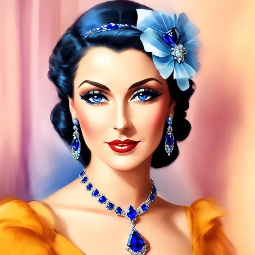 Prompt: Glamorously dressed lady of rhe 1930's wearing sapphire jewelry,blue eyes