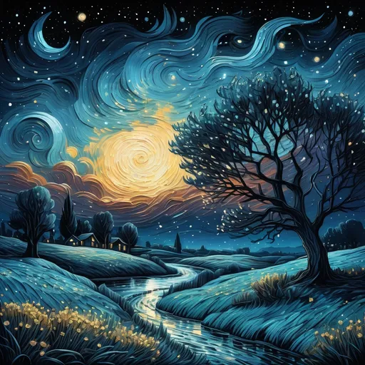 Prompt: a  landscape with a night sky background and stars in the sky,  Van Gogh sky, Dan Mumford, post-impressionism, stars, a detailed painting