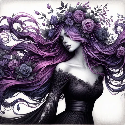 Prompt: a woman with purple hair and flowers in her hair, wearing a black dress , Charlie Bowater, gothic art, trending on art station, a detailed drawing