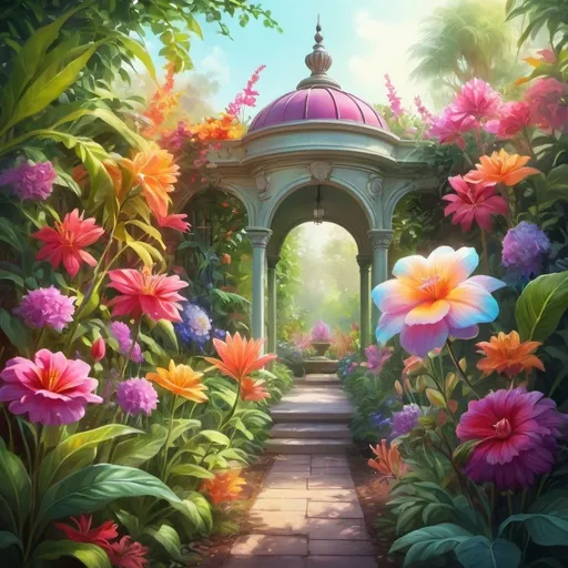 Prompt: Vibrant, high-quality digital painting of a botanical garden, lush and colorful floral display, realistic petals with intricate details, soft natural lighting, vivid and lively colors, surreal and dreamy atmosphere, digital painting, botanical garden, vibrant colors, intricate details, soft lighting, surreal, dreamy