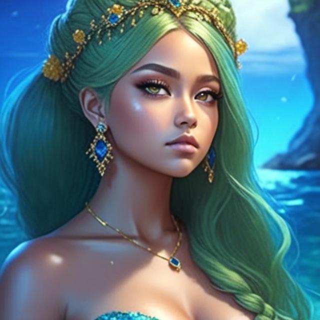 Prompt: <mymodel>HD 4k 3D 8k professional modeling photo hyper realistic beautiful woman ethereal greek goddess druid mermaid
cobalt blue hair olive skin gorgeous face  jewelry druid crown colored mermaid tail full body surrounded by ambient glow hd landscape under lush celtic waters

