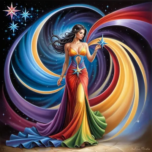 Prompt: a woman in a long dress with a star in her hand and a colorful dress on her body, with a swirling background, Anne Stokes, fantasy art, fantasy artwork, an airbrush painting