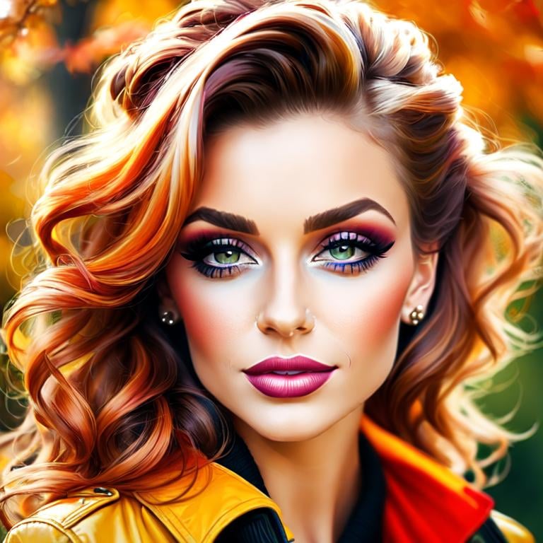 Prompt: Girl, Pretty makeup and stylish hair, autumn colors, facial closeup