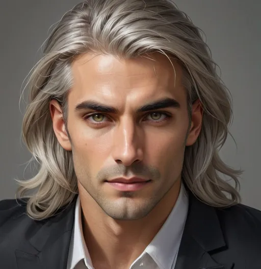 Prompt: A striking figure stands confidently at the forefront, featuring long, flowing silver hair that frames his strong jawline and emphasizes his captivating gaze. Clad in an elegant golden suit adorned with intricate detailing, he exudes sophistication and charisma, further enhanced by a sleek black shirt underneath. The warm hues of the background, with circular highlights that mimic glowing lights, create an intimate yet grand atmosphere, suggesting a luxurious setting. The play of light across his features accentuates both the sharpness of his expression and the overall opulent feel of the scene, imbuing it with a sense of ambition and allure. This portrait captures not just a moment, but a narrative of style and confidence, radiating an undeniable magnetism.