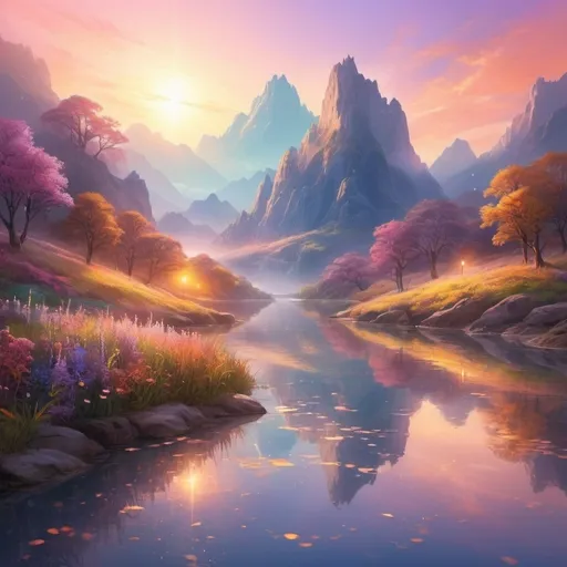 Prompt: (ethereal glow), luminous light radiating, soft illumination, vivid colors, warm ambient tones, magical atmosphere, serene background, enchanting landscapes, high detail, ultra-detailed, vibrant, dreamlike scenery, shimmering reflections, calming hues, captivating visual experience