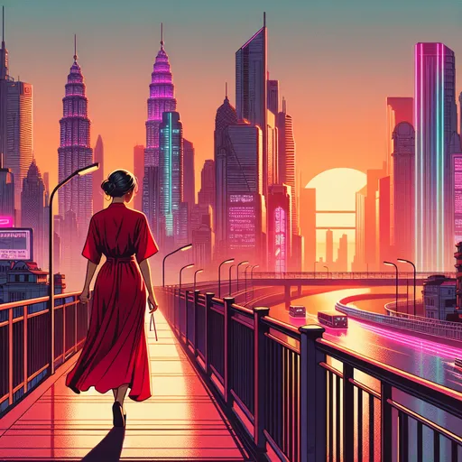 Prompt: <mymodel> a womenn in a red dresses walking across a bridge in front of a city skyline with skyscrapers at sunset, Alena Aenami, retrofuturism, synthwave style, cyberpunk art