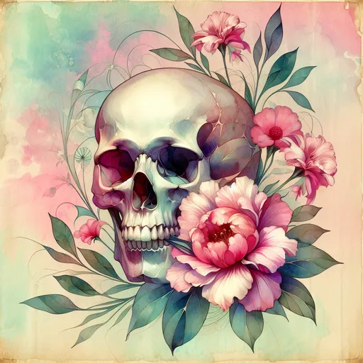 Prompt: a painting of a skull with a pink flower in its mouth, on a pastel background, Conrad Roset, pop surrealism, watercolor, a watercolor painting