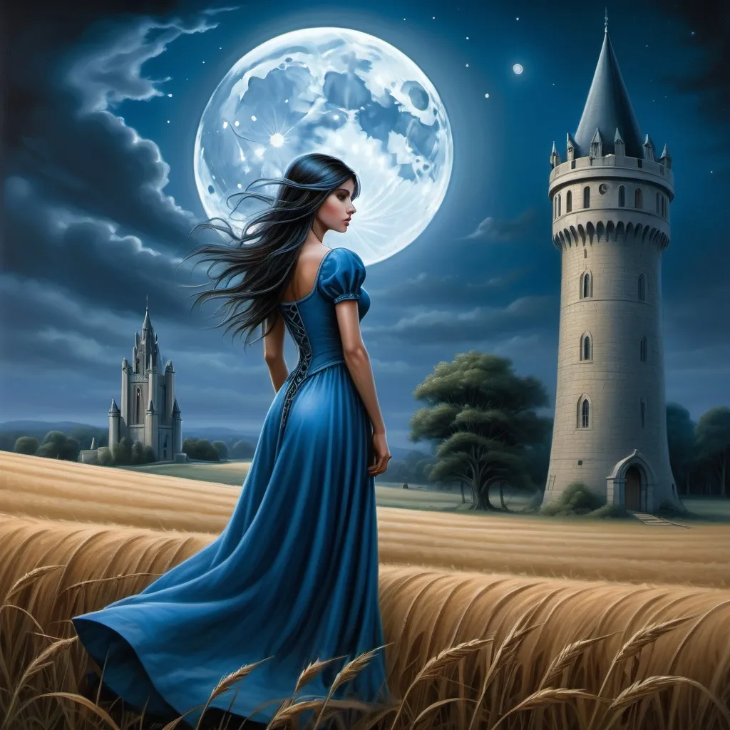 Prompt:  a woman in a blue dress standing in a field with a tower in the background and a full moon in the sky, Anne Stokes, fantasy art, fantasy artwork, a storybook illustration