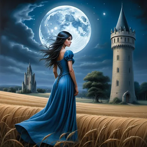 Prompt:  a woman in a blue dress standing in a field with a tower in the background and a full moon in the sky, Anne Stokes, fantasy art, fantasy artwork, a storybook illustration