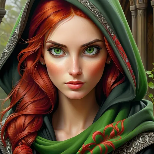 Prompt: a painting of a woman with red hair and green eyes, with a scarf around her neck and a hood on, Anne Stokes, gothic art, highly detailed digital painting, a photorealistic painting