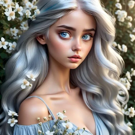 Prompt: <mymodel>beautiful woman, ethereal,dreamscape,, pale blue colors, flowers, closeup