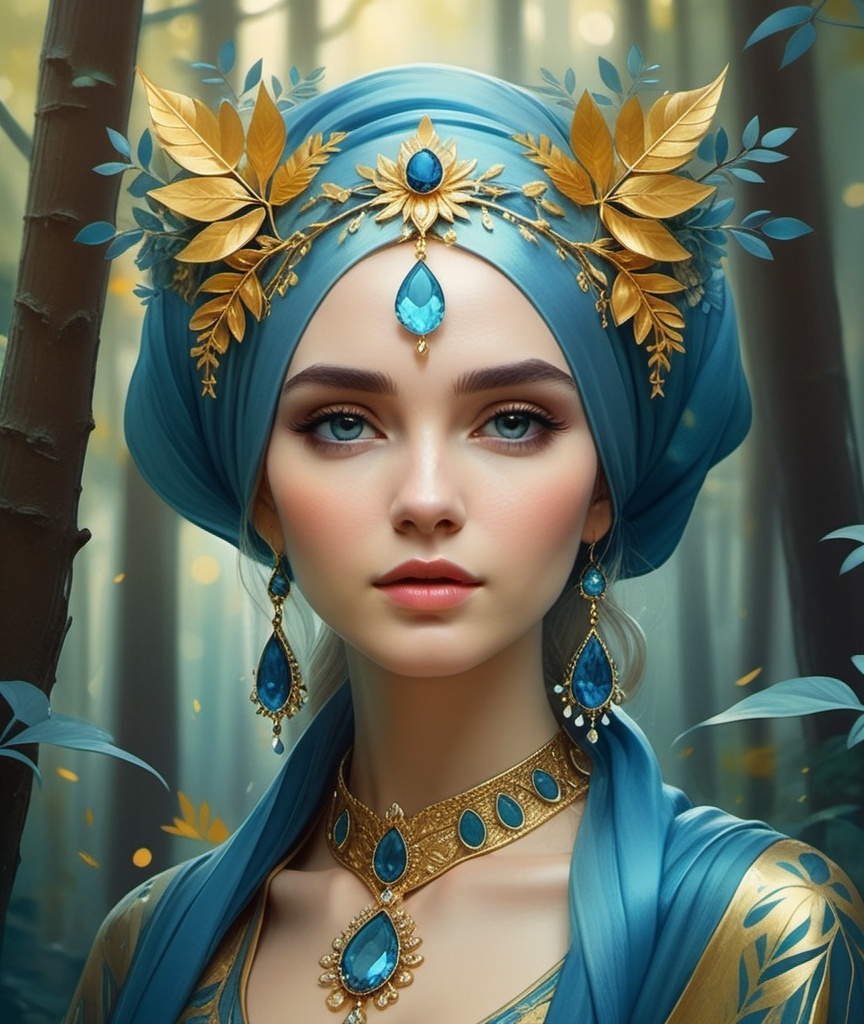 Prompt: a woman with a blue scarf and a gold headpiece in a forest with flowers and leaves on her head, Anna Dittmann, fantasy art, highly detailed digital painting, a detailed painting