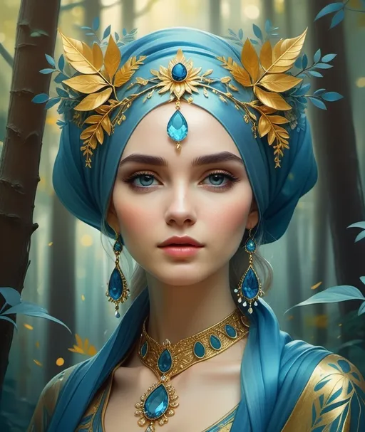 Prompt: a woman with a blue scarf and a gold headpiece in a forest with flowers and leaves on her head, Anna Dittmann, fantasy art, highly detailed digital painting, a detailed painting