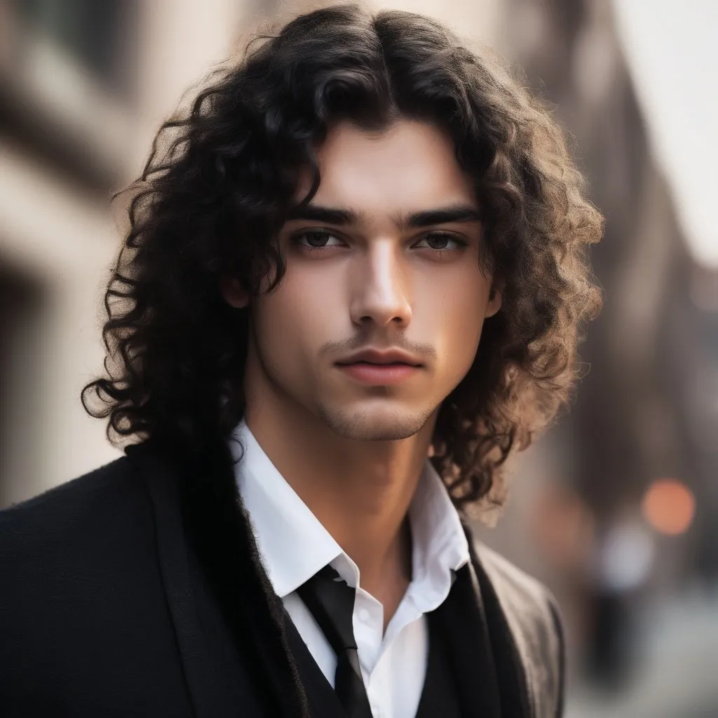 masculine man i with long curly hair, stern look met...