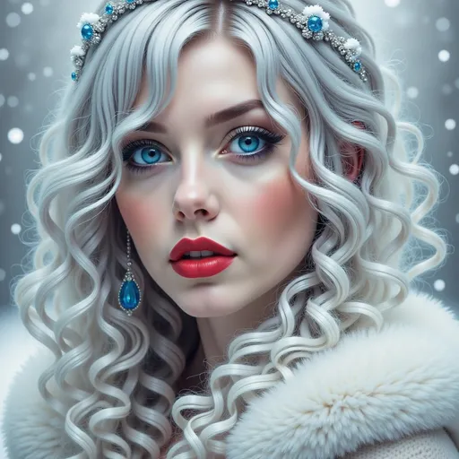 Prompt: a white woman with a snowflaked hair and blue eyes is shown in this artistic photo of snowflakes, amy sol, fantasy art, highly detailed digital painting, an ambient occlusion render