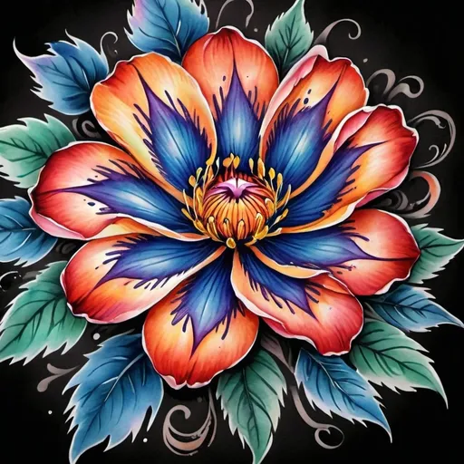 Prompt: <mymodel> Colorful flower tattoo, watercolor style, vibrant petals, intricate details, high quality, vibrant colors, floral design, professional tattoo art, artistic, beautiful, realistic, watercolor, detailed, highres, vibrant, intricate details, floral, professional, colorful, vibrant colors, watercolor style, artistic