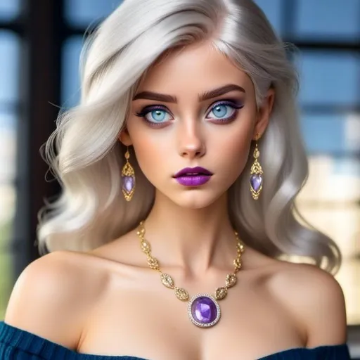 Prompt: <mymodel>Hypnotic bimbo  platinum  blonde   gold lips and purple eyeshadow 