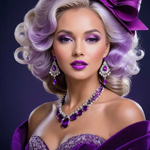 Prompt: lady in purple high class attire, facial closeup