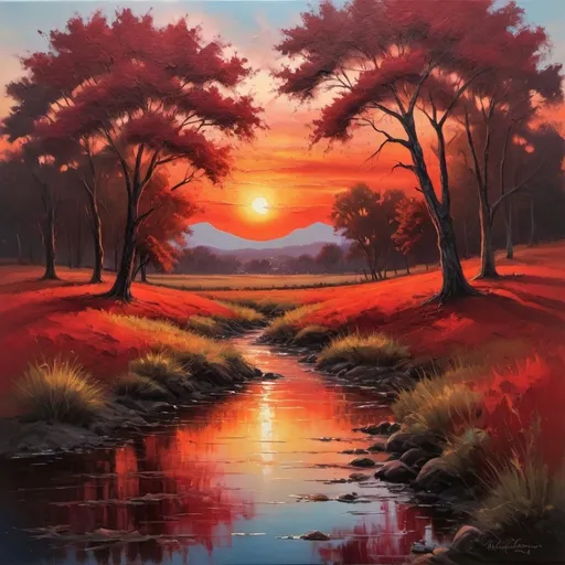 Prompt: Red sunset landscape, oil painting, vibrant colors, fine details, high-quality, realistic, warm tones, dramatic lighting, expansive horizon, silhouettes of trees, serene atmosphere