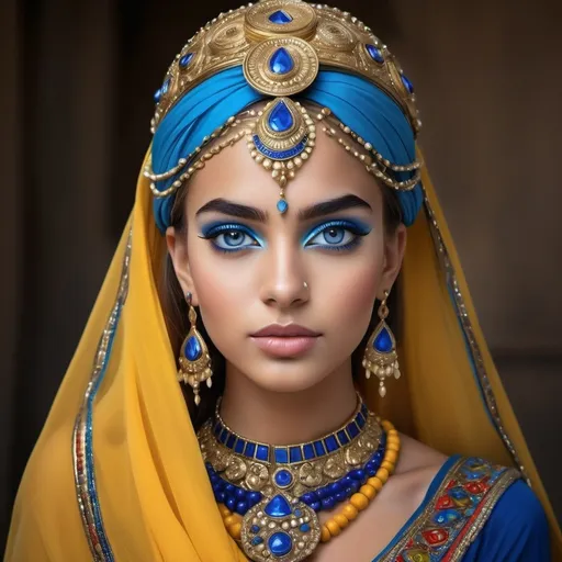 Prompt: A striking portrait captures the essence of elegance and cultural pride, featuring a young woman adorned in vibrant and intricate traditional attire. Her large, azure eyes draw immediate attention, framed by beautifully sculpted brows, while her skin radiates warmth and smoothness. The elaborate headpiece, composed of rich yellows and deep blues, is embellished with beads and metallic accents, showcasing a harmonious blend of colors that complement her deep features. Around her neck, a statement necklace mirrors the same color palette, enhancing her regal appearance. The softly blurred greenery in the background creates a serene atmosphere, emphasizing the subject's poise and grace, and celebrating a rich heritage through contemporary artistry.