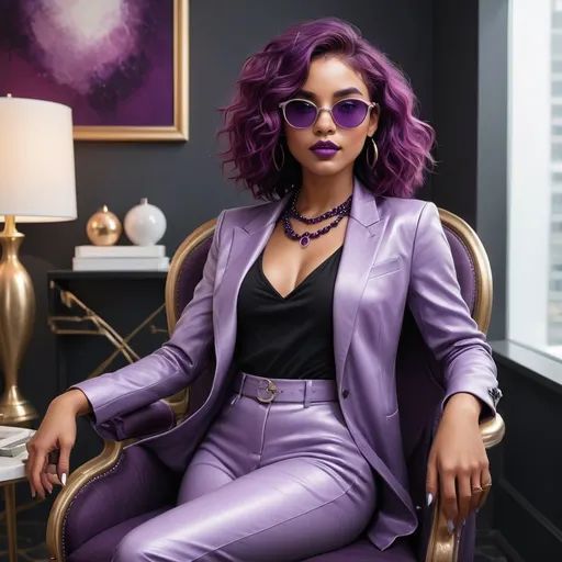 Prompt: A striking figure with playful elegance captivates the viewer, featuring wavy, vibrant purple hair that cascades softly around her face. Large, round sunglasses in a matching hue frame her eyes, casting a bold contrast against her flawless complexion and the vivid magenta of her lips, creating a chic and spirited look. A lavish necklace of deep purple beads encircles her neck, enhancing the overall luxurious aesthetic and harmonizing beautifully with her hair and accessories. Set against a smooth gray backdrop, the composition draws attention to her confident expression and captivating style, embodying a mood of contemporary glamour and personality. The soft lighting adds depth, emphasizing textures and providing a polished finish that resonates with modern fashion sensibilities.