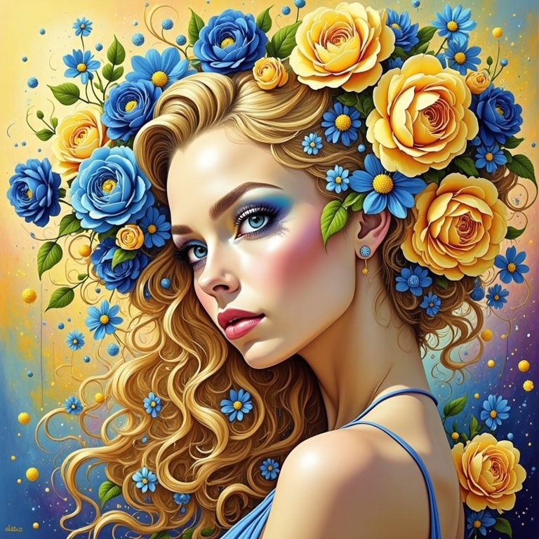 Prompt: a painting of a woman with  blue eyes wearing yellow and blue roses in her hair and a blue dress on her body and a yellow background, Anna Dittmann, figurative art, highly detailed digital painting, an airbrush painting