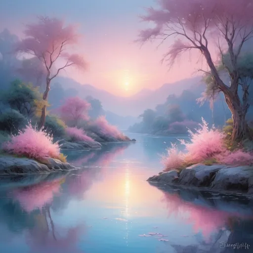 Prompt: (ethereal glow), luminous light radiating, soft illumination, vivid colors, warm ambient tones, magical atmosphere, serene background, enchanting landscapes, high detail, ultra-detailed, vibrant, dreamlike scenery, shimmering reflections, calming hues, captivating visual experience