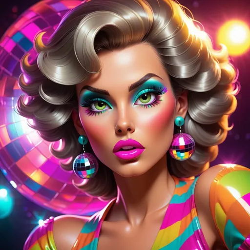 Prompt: Cartoon-style closeup of an 80s disco lady, vibrant and lively, glossy lips, bright eyeshadow, exaggerated lashes, retro hairstyle, disco ball reflection in eyes, neon colors, vibrant disco atmosphere, high quality, cartoon, 80s, disco, lively colors, retro, exaggerated features, glossy lips, bright eyeshadow, retro hairstyle, disco ball reflection, neon colors, vibrant atmosphere