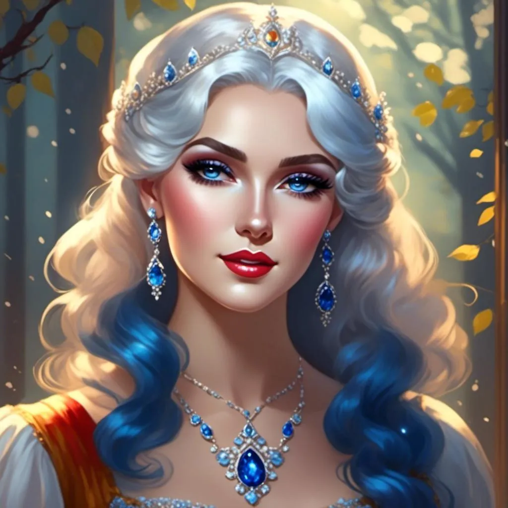 Prompt: A beautiful woman, snow white hair with pastel highlights, frosty blue eyes, blue eyeshadow, blue jewels on forehead<mymodel>