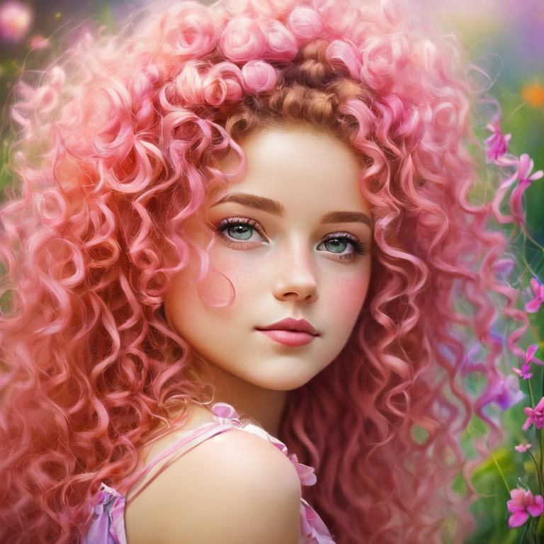 Prompt: a young fairy of spring,  lots of very curly hair, pink glow on cheeks, wildflowers, vivid colors, closeup