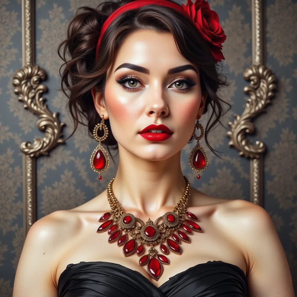 Prompt: a woman with a necklace and earrings on her neck and a red lip and a black dress on her chest, Edwin Georgi, gothic art, highly detailed digital painting, a photorealistic painting