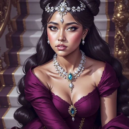 Prompt: A regal looking young woman in her early twenties, with sleek, long white hair, a silver circlet on top of her head, mesmerising green eyes, high cheekbones, fair skin, lean complexion, wearing an elegant dark crimson ball gown with intricate embroidered details, standing on a majestic staircase.