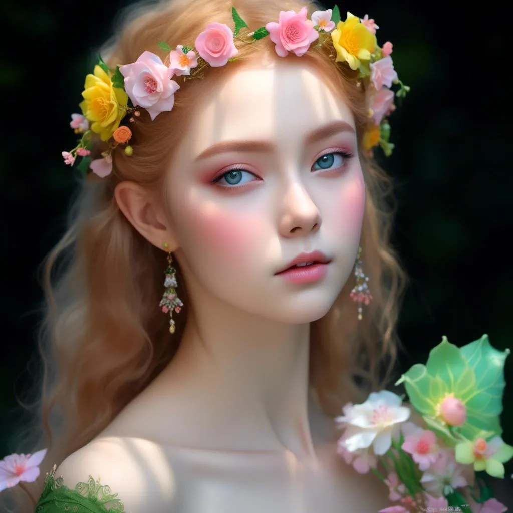 Prompt: <mymodel>Girl, elf, fairy, fantasy, flowers, dreaming, sunny day, pink, green, yellow, natural, she is Queen, grandiose fairy flower dress, grandiose fairy crown, hight quality, grandiose fairy flower wings, in hand she has grandiose fairy flower sceptre