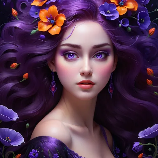 Prompt: Beautiful  hybrid woman with purple flowers sprouting from her, oil painting,ethereal glow, dark and mysterious, high quality, vibrant colors, surreal, haunting, intricate floral details, intense gaze, mystical atmosphere, oil painting, demon, hybrid, fiery eyes, ethereal, vibrant colors, surreal, haunting, floral details, intense gaze, mystical atmosphere