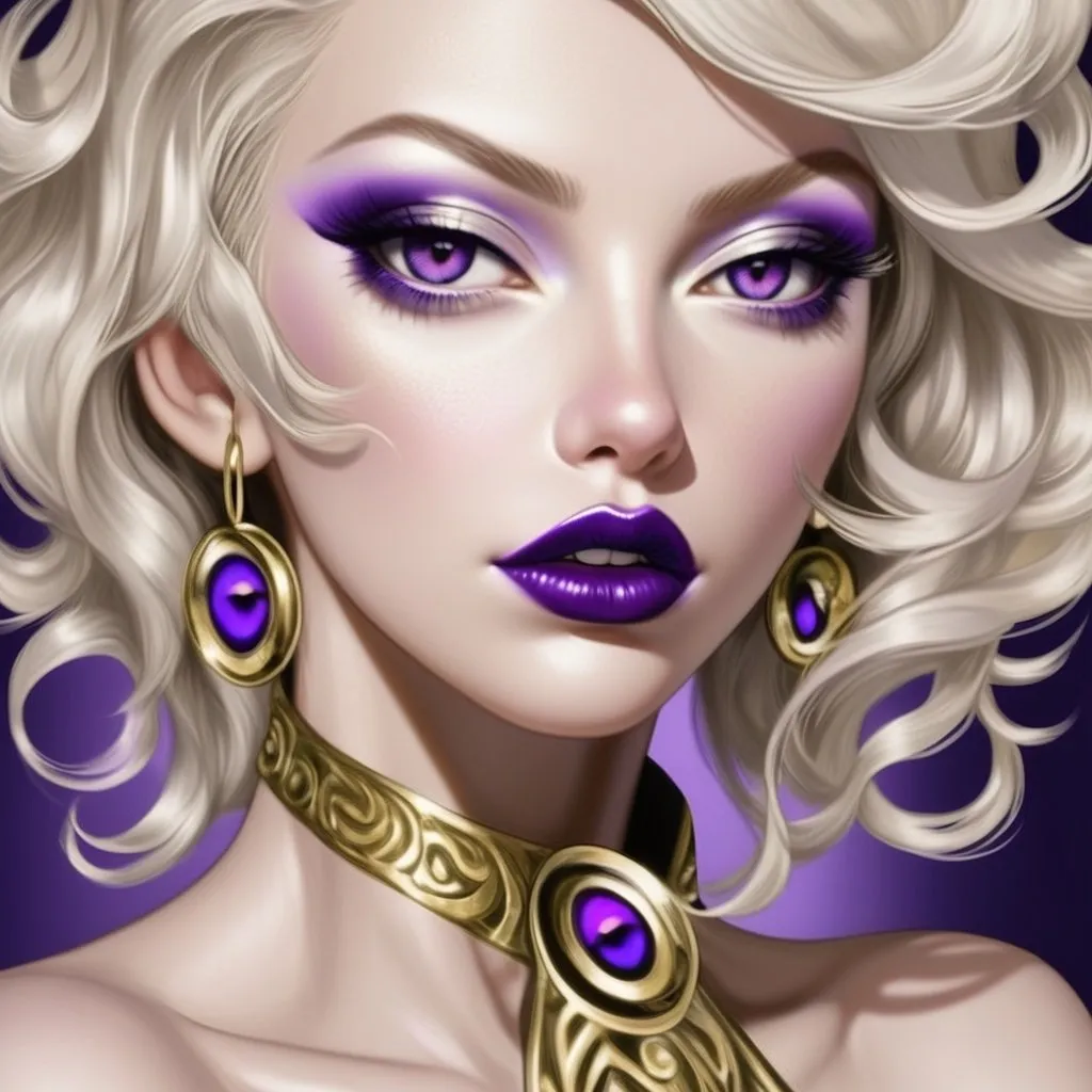 Prompt: Hypnotic bimbo  platinum  blonde   gold lips and purple eyeshadow 