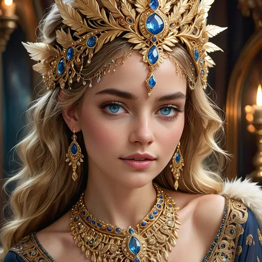 Prompt: Glistening jewels adorn the elegant headdress of a captivating young woman, whose enchanting blue eyes sparkle with depth and intrigue. Richly colored fabrics frame her face, with an intricately designed gold necklace accentuating her graceful neck, while her delicate earrings cascade gently, reflecting the warm glow of nearby candlelight. The ornate backdrop hints at a luxurious setting, featuring gold motifs and vibrant hues that enhance the ethereal ambiance. The interplay of light and color creates a sense of opulence, evoking a mood of mystique and allure, as she seems poised to share an enchanting story from a distant, magical realm.