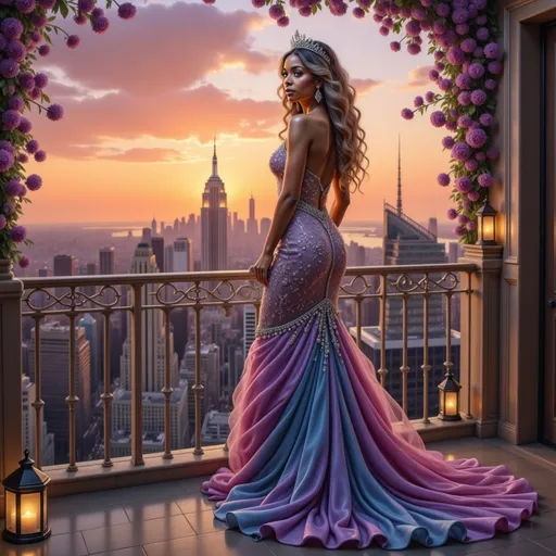 Prompt: Bathed in the warm hues of a breathtaking sunset, a woman stands gracefully on a balcony overlooking a sprawling cityscape. Her flowing gown, adorned with colorful orbs, cascades dramatically down, merging vibrant purples, pinks, and blues that capture the shifting colors of the sky. The skyline features iconic buildings, such as the Empire State Building, silhouetted against the golden sun as it dips below the horizon. The gentle illumination from nearby lanterns adds a magical quality to the scene, highlighting her elegant profile and the lush greenery framing the balcony. This enchanting moment conveys a sense of tranquility and wonder, evoking emotions of hope and beauty.
