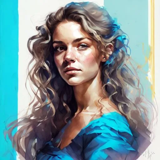 Prompt: a woman with beautiful wavy hair wearing a blue dress