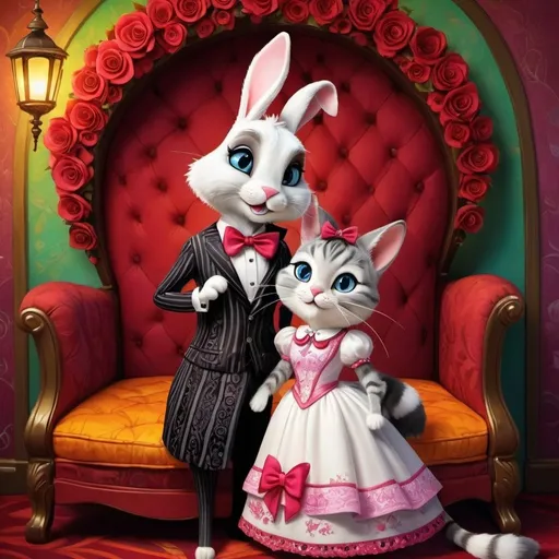 Prompt: <mymodel>Funny illustration of a anthropomorphic rabbit and cat in beautiful dresses , Tim Burton style eyes, bright and colorful, whimsical bright colorful background, comical expressions, high quality, detailed fur, playful, cartoonish, vibrant colors, imaginative lighting