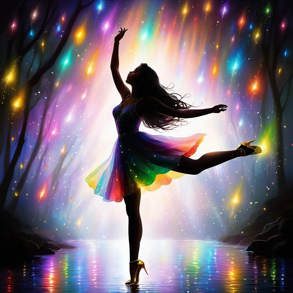 Prompt: A luminous, etherel mesmerizing woman walks among sparkling fireflies, her skin shimmering with a rainbow of colors. She possesses an otherworldly beauty.  This enchanting scene is depicted in a digitally painted illustration, each brushstroke capturing the magical essence of the scene. The vivid colors and exquisite details make this image a truly mesmerizing piece of art.